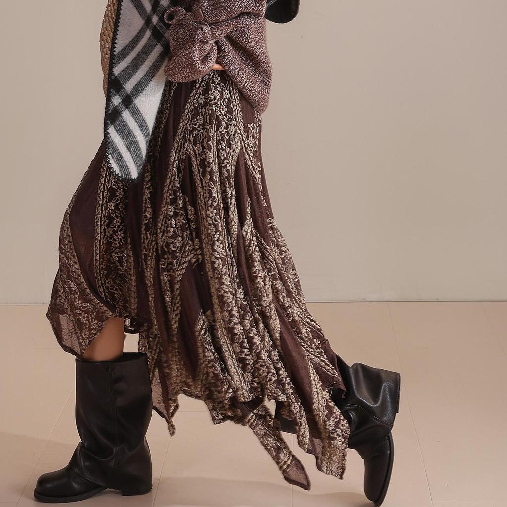 Octagonal Knit Lace Skirt with Elastic Waistband and Irregular Hem - Spring/Autumn 