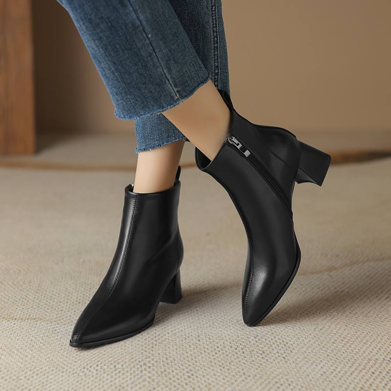 Krazing Pot Sheepskin Winter Round Toe Med Heels Fashion Boots Women Zipper Elegant Women Ankle Boots