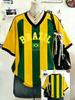Women Loose V-Neck T-Shirt Yellow-Green Striped and Brazilian Style Pattern Print Short Sleeve Tops Tee Casual Sexy Streetwear