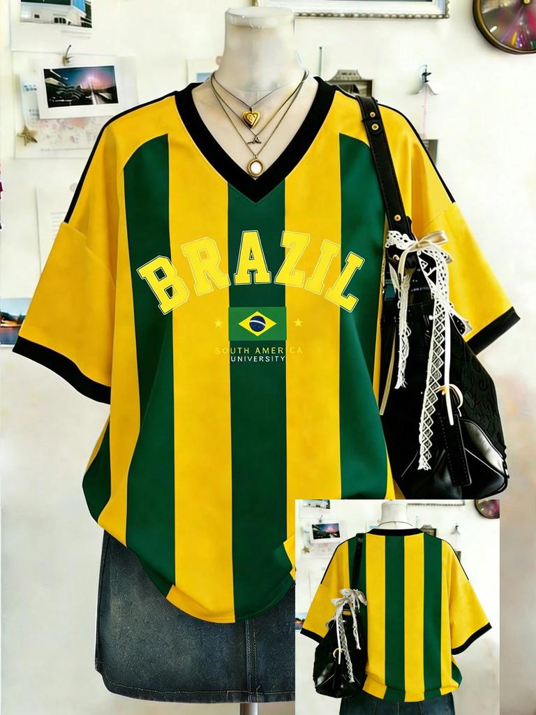 Women Loose V-Neck T-Shirt Yellow-Green Striped and Brazilian Style Pattern Print Short Sleeve Tops Tee Casual Sexy Streetwear