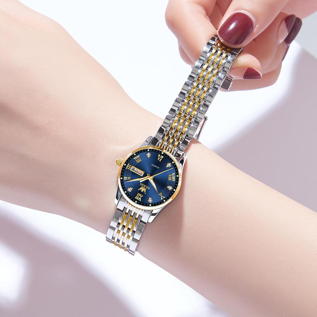 OLEVS Stylish Business Luminous Analog Watch with Blue Analog Quartz Date Day of the Week Stainless Steel and Blue A Stylish and Lightweight A Great