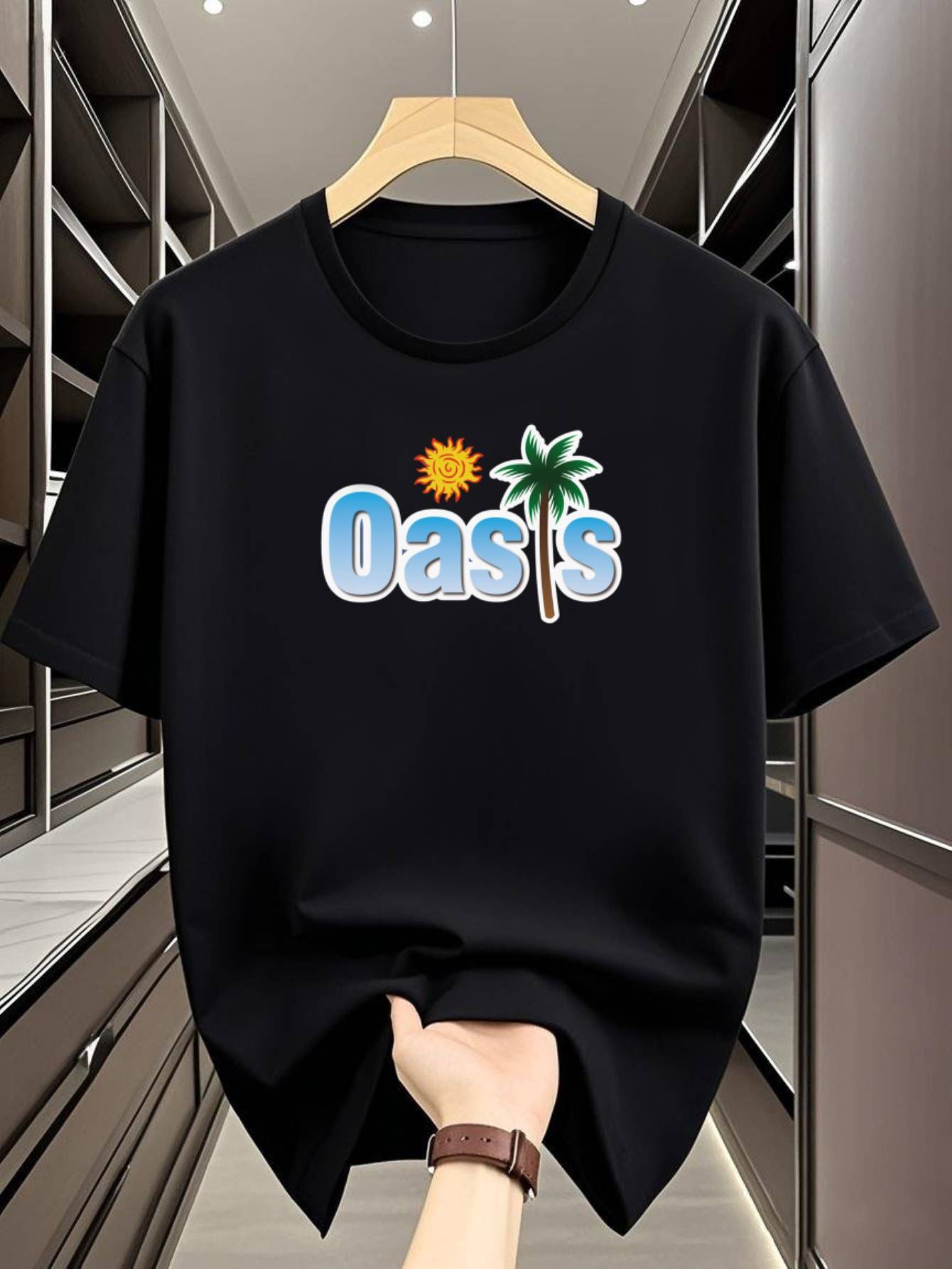Quick-Dry T-shirt - Navy Blue Relaxed Fit Tee with Oasis Palm Tree Graphic S