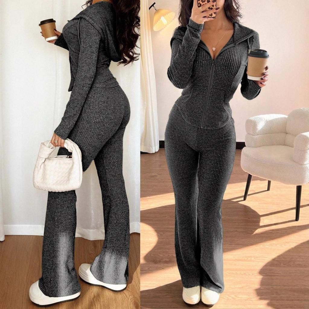 Women's Grey Hooded Zip Front Jumpsuit with Flare Leg