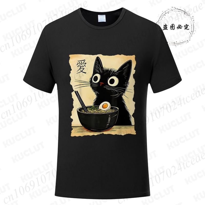Japanese Kawaii Anime Cat T-Shirt Funny Cat Ramen Graphic Tee Fashion T-shirts Short Sleeve Clothes Trend Casual Unisex Tshirts