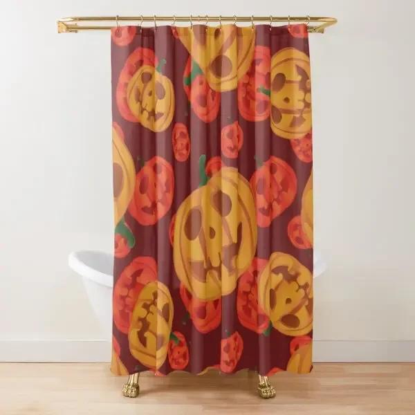 Autumn Fall Shower Curtains Brown with Thanksgiving Harvest Pumpkin Bathroom Curtain for Halloween Party Home Decor with Hooks