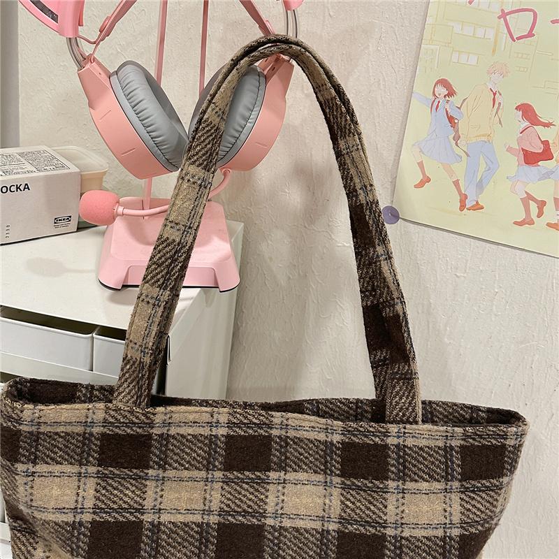 Bear Shoulder Bag Women's Bag Vintage Plaid Tote Bag