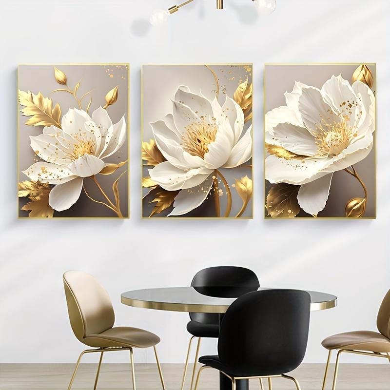 3pcs Elegant Golden Floral Canvas Art Prints - Frameless, 2D Wall Decor for Living Room or Kitchen, Luxurious White & Golden De
