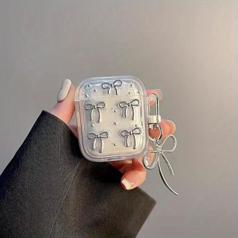 Cute Silver Bowknot Clear Headphones Case for AirPods Pro3/Pro2/Pro with Pendant Protective Soft TPU Cover for AirPods 4/3/2/1