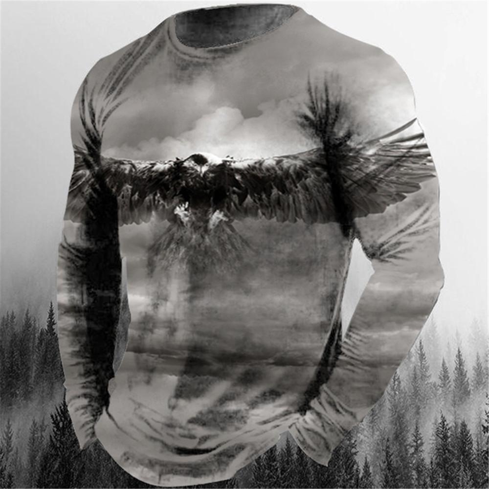Retro Eagle Pattern 3d Print Summer Men's Round Neck T-shirt Casual Long Sleeve T-Shirt Oversized Pullover Fashion Men Clothing