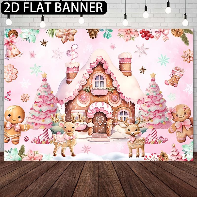 1pc Christmas Party Background Banner - Pink Gingerbread House and Candy Land Scene - Multi Purpose Festival Party Decoration