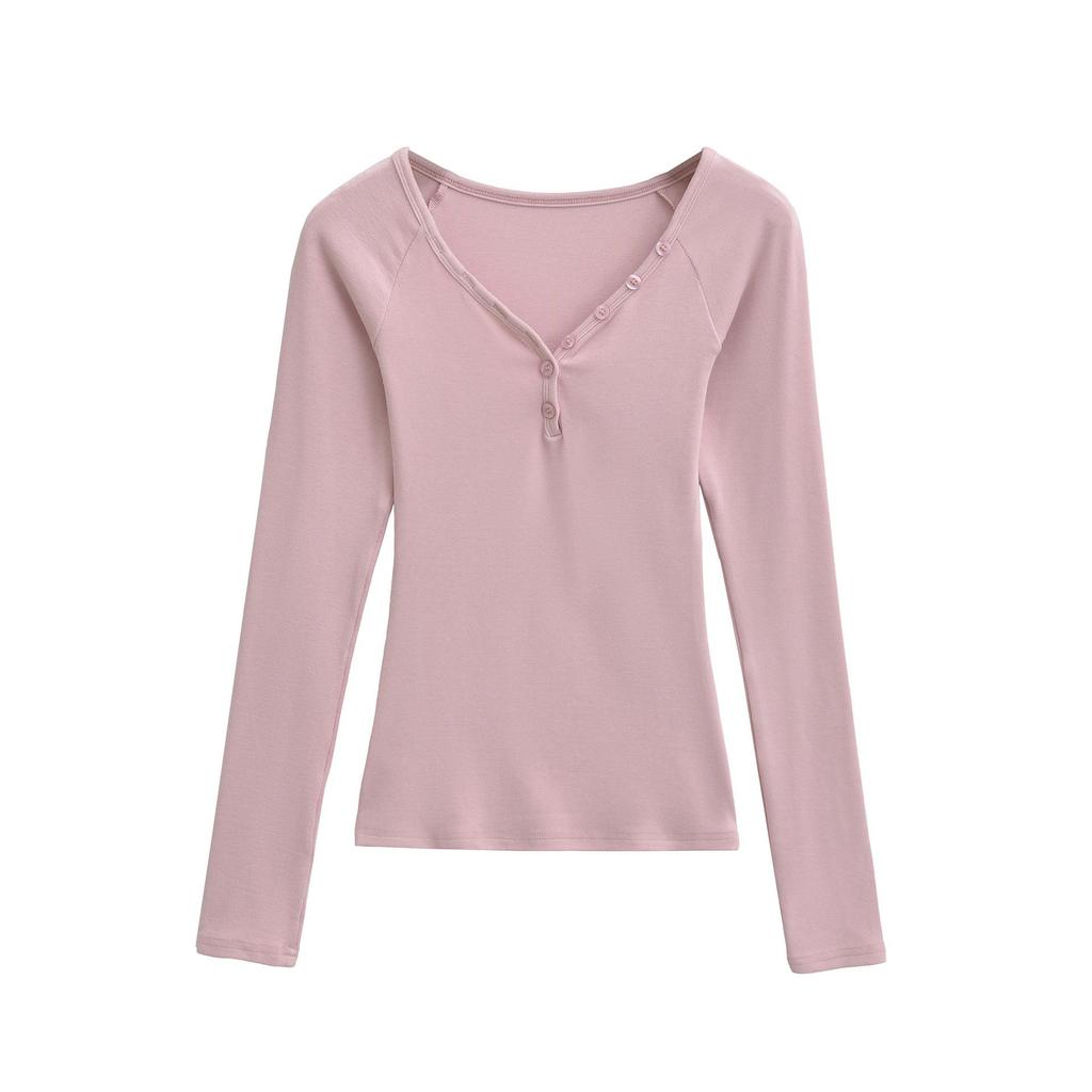 Spicy Girl Cashmere Heart Neck Slim-Fit Button-Up T-Shirt for Autumn/Winter 2025