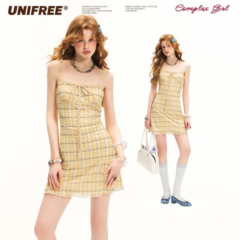 UNIFREE Plus Size American College Style Slim Plaid Camisole Dress XL