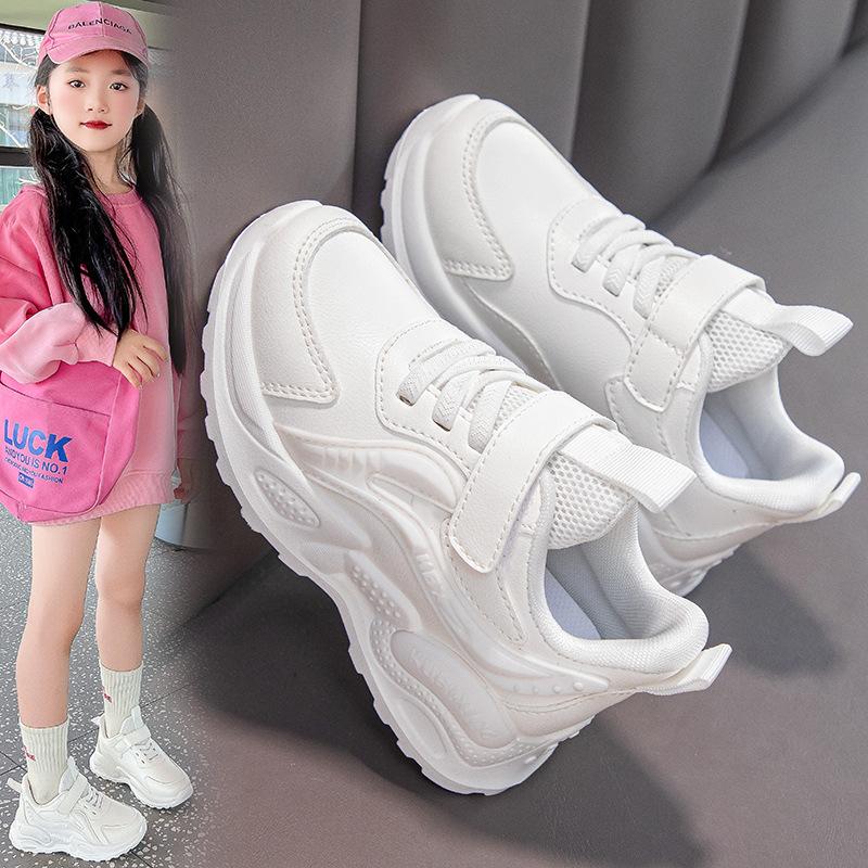 Girls' Sports Shoes with Leather Surface and Soft Sole for Spring and Autumn, Medium and Large Children's Shoes, Lightweight Student Running Shoes