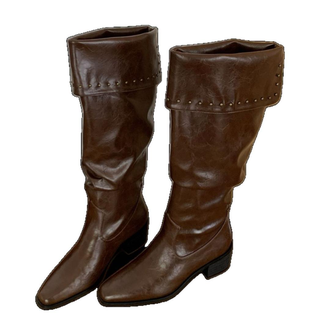 2025 Fashion Spice Girl Pleated Autumn and Winter Pile Boots Women's Autumn and Winter Design Sense Pointed Rivet Fashion Boots High Heel Knight