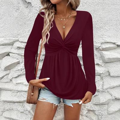 Women Solid Color Twist Knot V Neck Long Sleeve Loose Pullover T Shirt