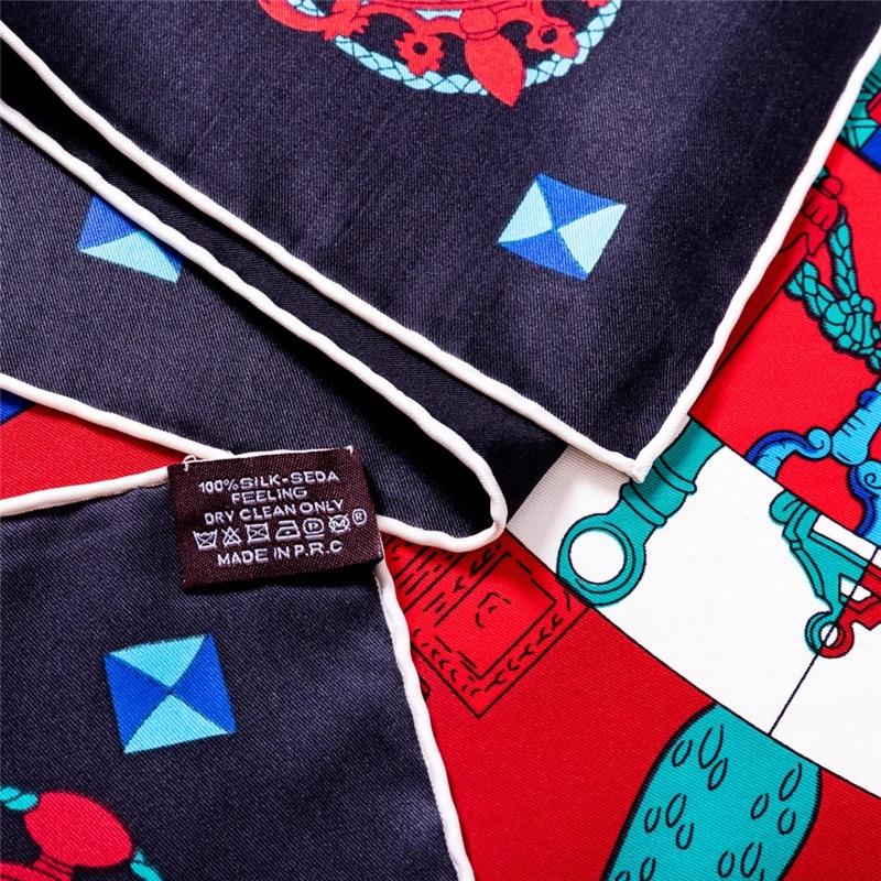 Manual Hand Rolled Twill Silk Scarf Women Key Chain Print Square Scarves Echarpes Foulards Femme Wrap Bandana Hijab 90Cm