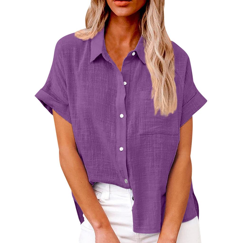 Women's Fashion Loose Casual Short Sleeve Lapel Button Down Shirt Solid Color With Pocket T-Shirt Top