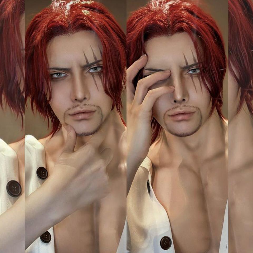 Červené krátké rovné vlasy syntetická paruka "One Piece" - nadýchaná a hladká Cosplay paruka do vlasů s červenými velkými zády