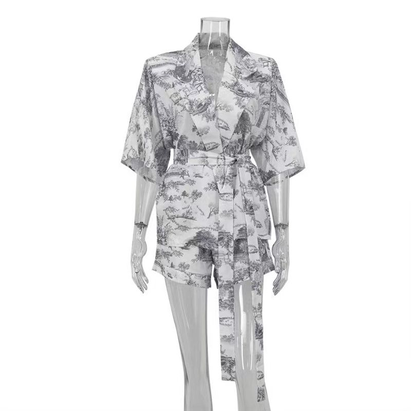 

Fashion Style New Arrival Print Shoelace Shirt Shorts Suit Printed Shirt and Shorts Set Grey S