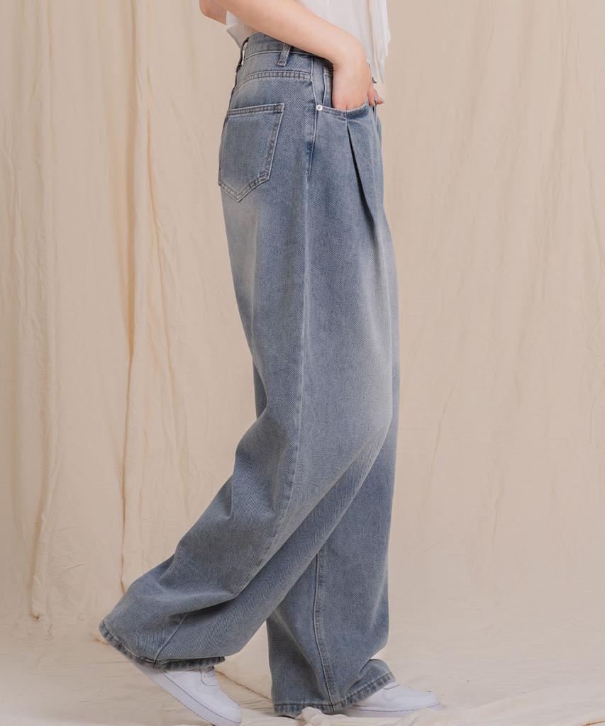 Ellamo 54_1 Women'S One-Pin Tuck Washed Wide Denim Pants (Basic/Long)_Light Blue