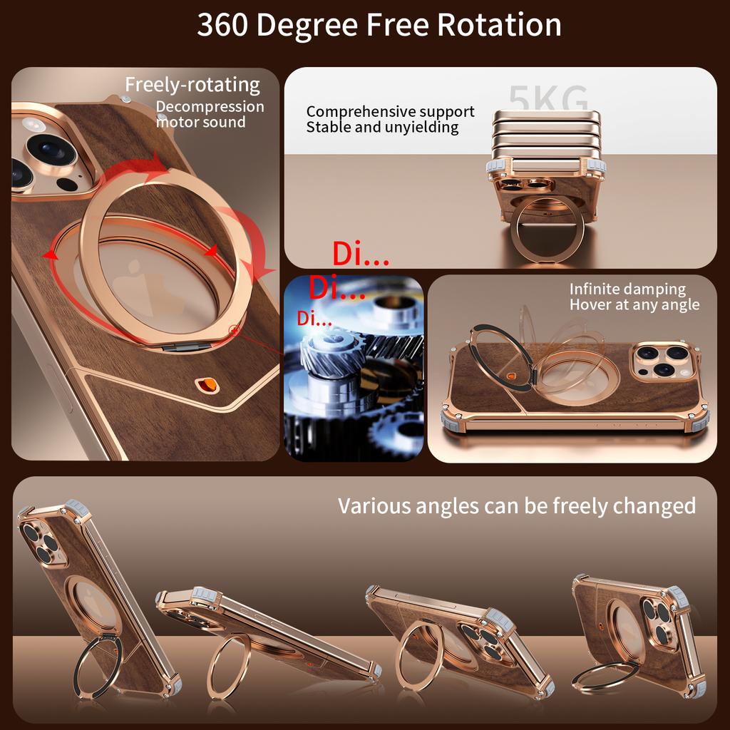 For iPhone 13 Pro Max Case Wood Covered Metal Boardless Phone Back Cover with Kickstand