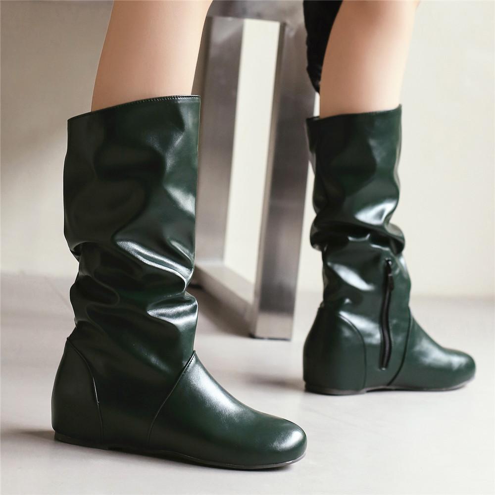 Fashion Mid-Calf Boots Women PU Pleated Boots Female Round Toe Shoes Concise Height Increasing Flat Shoes Autumn Winter 2025 Size34-48