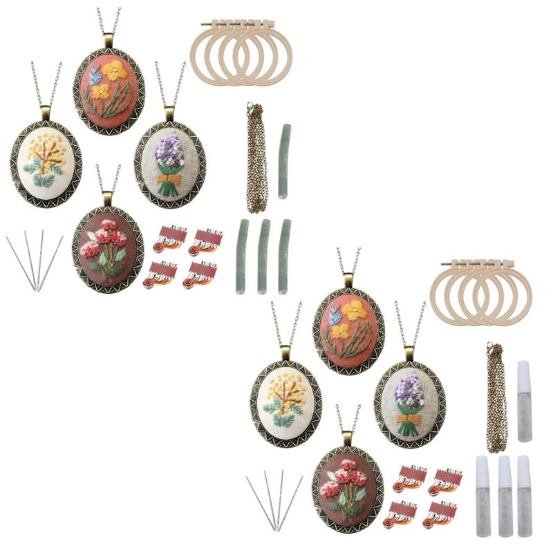 4-Pack Fashion Embroidery Pendant Kit with Scissors Needles Instructions DIY Necklace Art Crafts for Cross Stitch Kits G