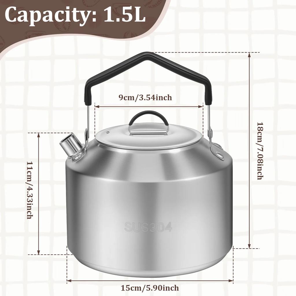 1/1.5L Camping Kettle with Anti Scald Handle Stainless Steel Portable Outdoor Camp Tea Coffee Pot for Travel Outdoor Activity