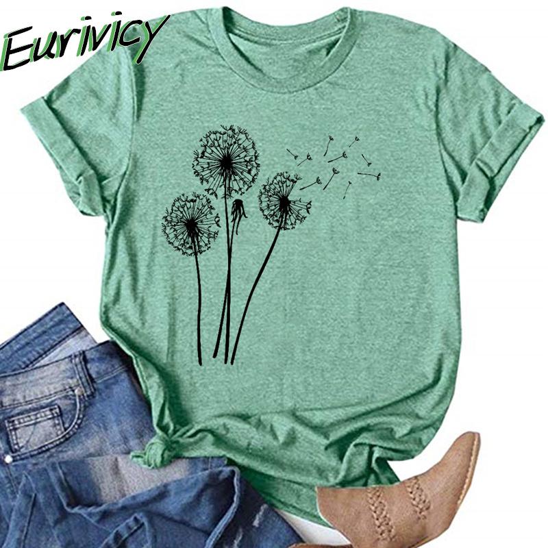 

Eurivicy Лето Женщины Хлопковые футболки O Шея Мода Одуванчик Принт с коротким рукавом Женские рубашки