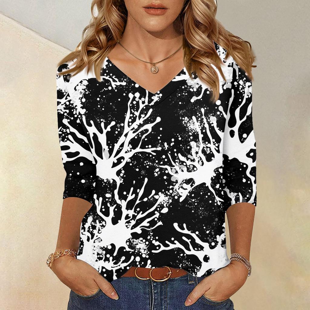 Women's Tops Three-quarter Sleeve Shirt V-neck Loose Casual Shirt Textured Printed T-shirt