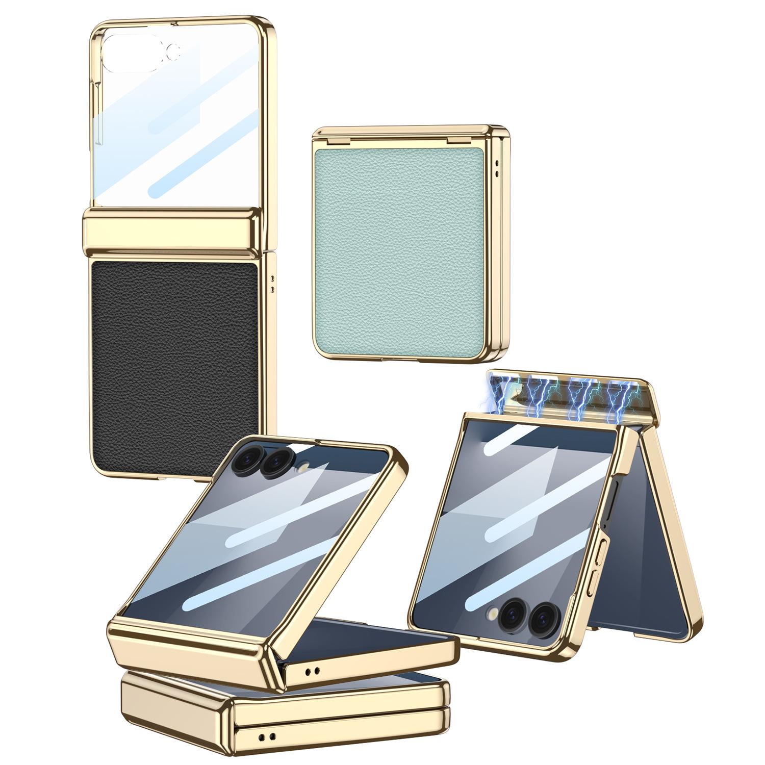 Custodia Magnetica Pieghevole con Cerniera Integrata, Pellicola Integrata, Custodia Protettiva in PC Elettroplaccato e Pelle per Samsung Z Flip7