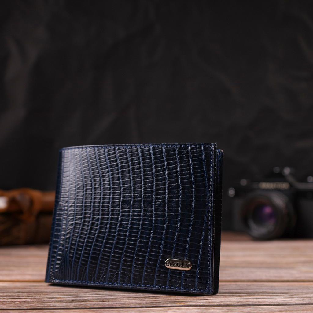 Texturovaná stylová peněženka pro muže bez zapínání v horizontálním formátu z pravé kůže s ražbou CANPELLINI 21760 Blue