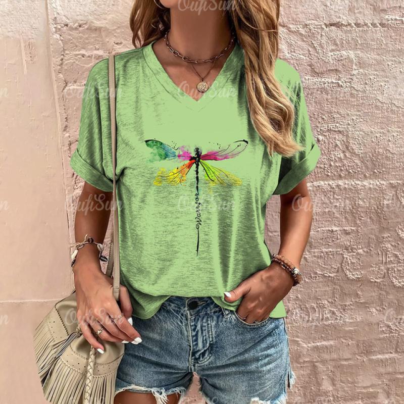 Women's T Shirt Fashion Butterfly Pattern Print Summer Short Sleeve Oversized Clothing Street Casual V Neck Female T-Shirt