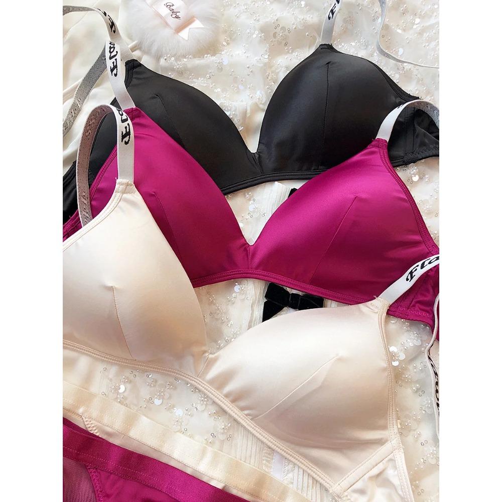 Ice Silk Comfort Underwear Set Women Sexy Deep V Push Up Bra Set Shoulder Strap Letters Adjustable Brassiere and Lace Panties