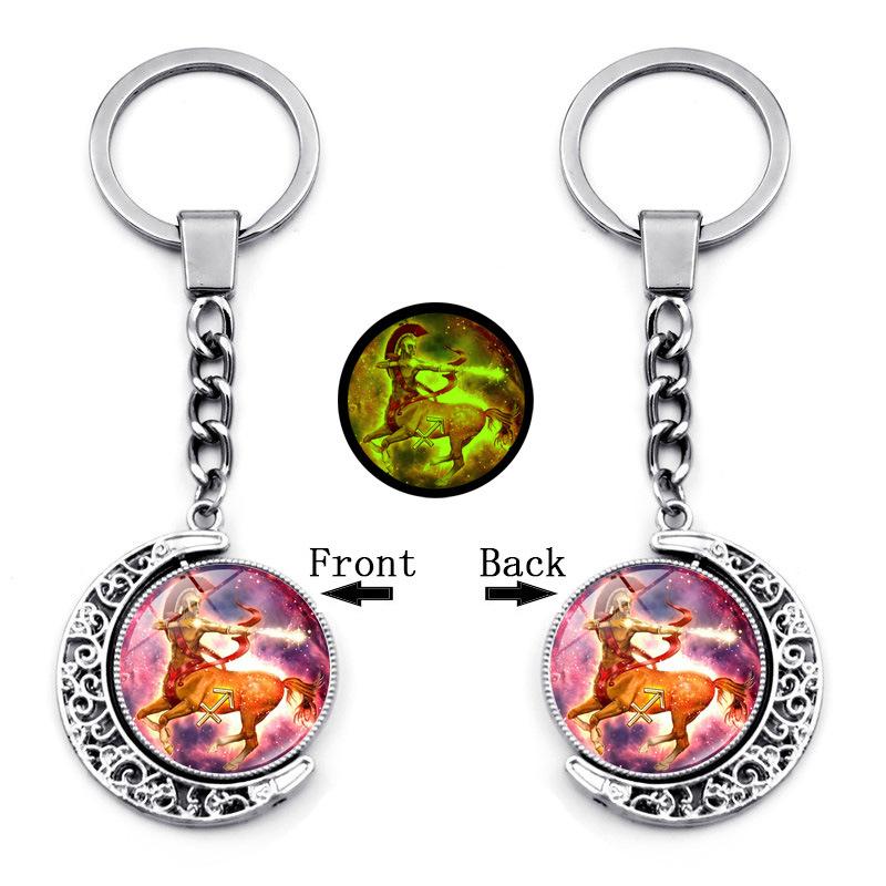 Luminous Twelve Constellations Time Gemstone Keychain Pendant Rotating Moon Pendant Metal Keychain Hanging Gift