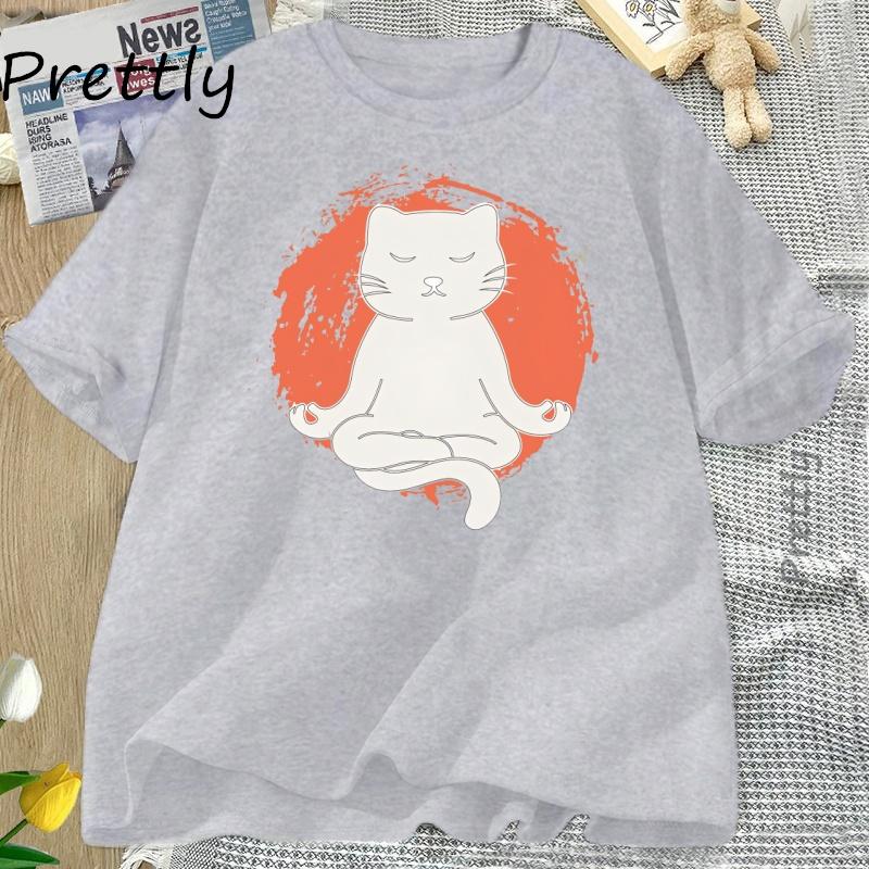Yoga T Shirt Funny Cat Yoga TShirt Women Cotton Round Neck Short Sleeve Tshirt Casual Loose Graphic T Shirts Women Clothing