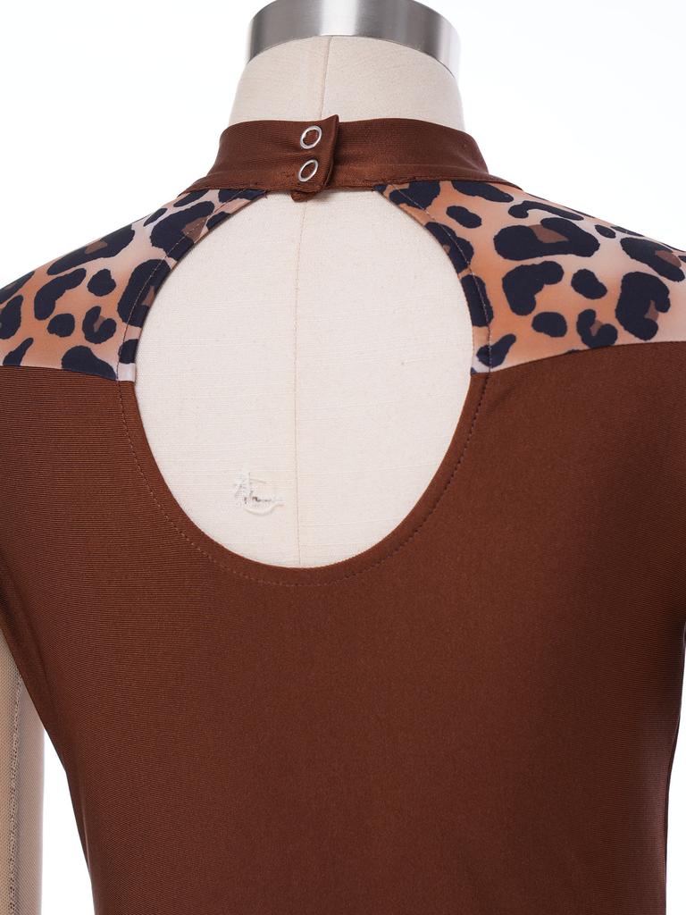 Kids Girls Dance Competition Bodysuit Printed Mesh Long Sleeve Leotard Jumpsuit with Press Button Crotch for Gymnastics Stage