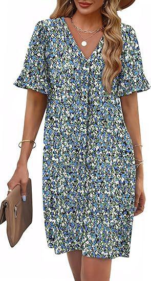 Women's V-Neck Flared Sleeve Medium and Long Pocket Short Sleeve Dress