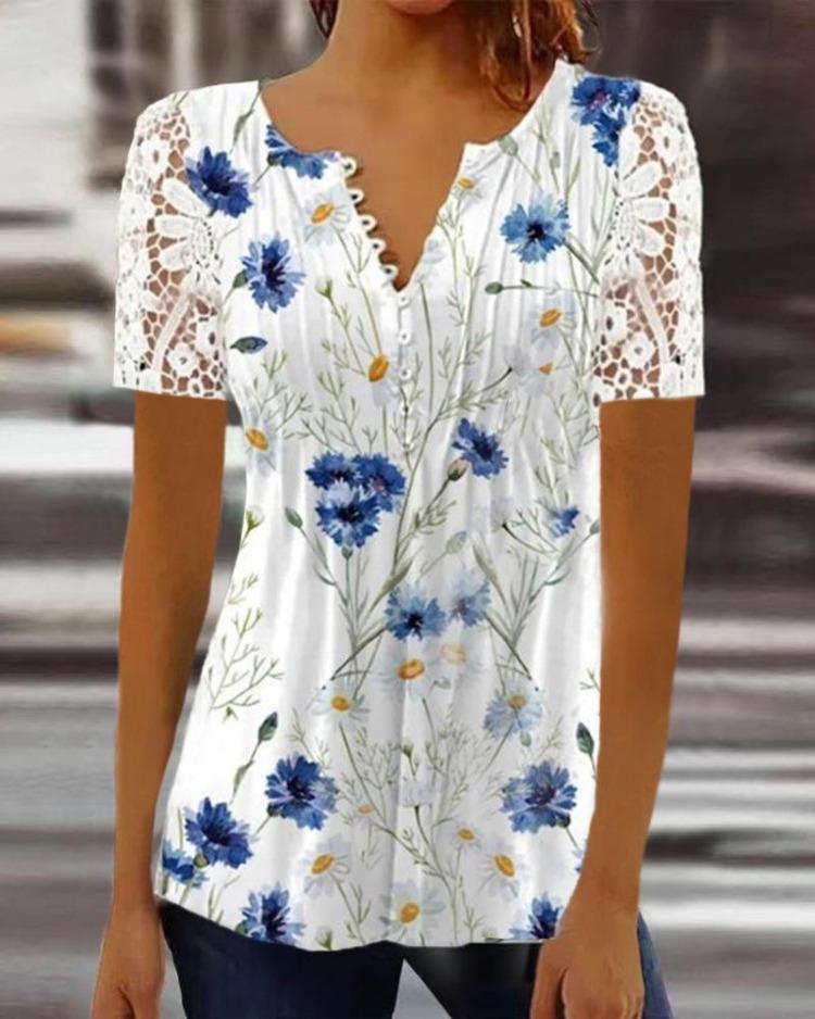 2023 Womens Pleated Lace Sleeve Short Sleeve Solid Color Button Up T Shirt Top