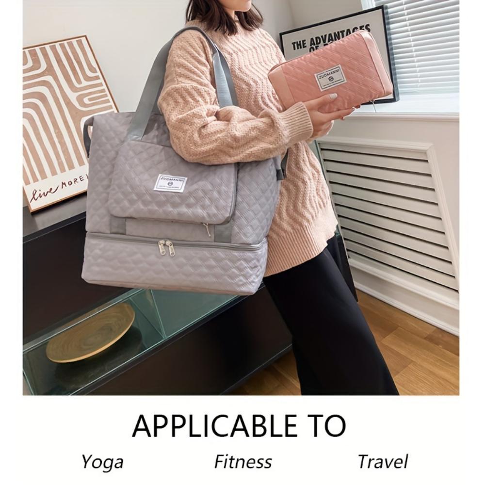 Large Capacity Foldable Travel Bag with Wet/Dry Separation, Diamond Quilted Nylon Tote for Gym, Yoga and Ladies Shoulder Bag - Hand Washable