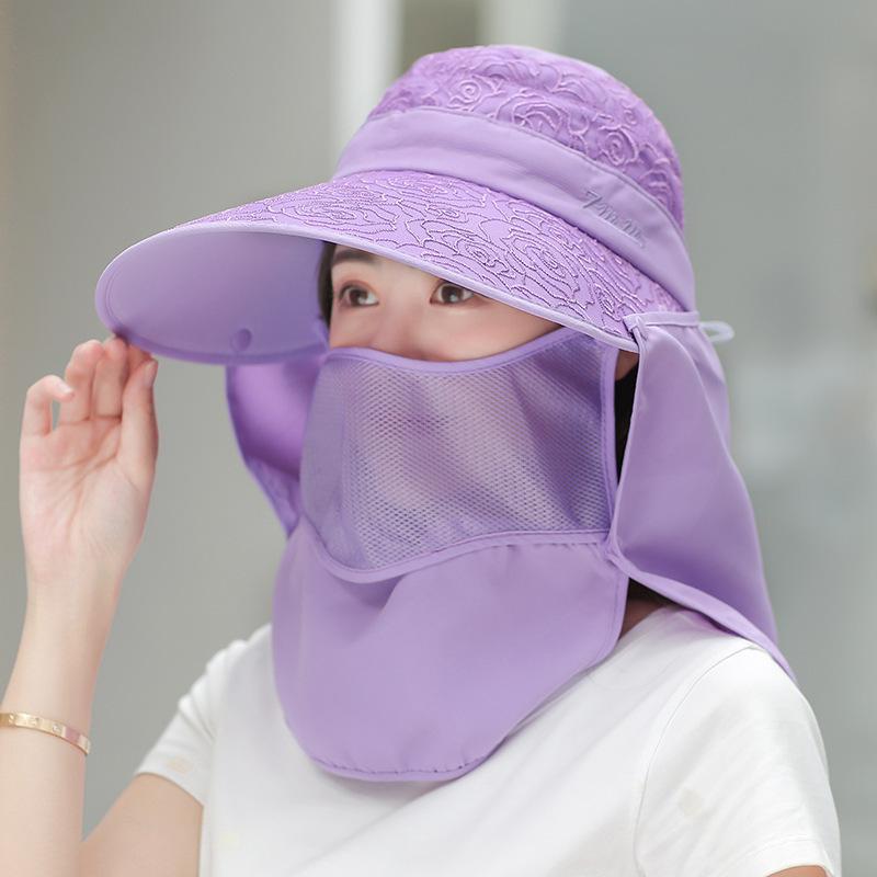 Women Wide Brim Face Mask Sun Hat Detachable Neck Face Flap Ponytail UV Protection Visor Hat Garden Fishing Hiking