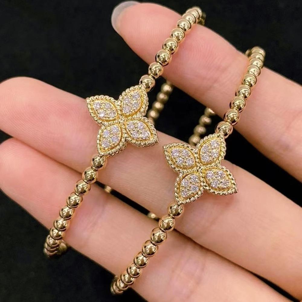 Vintage Morgan Flower Elastic Double Sided Flip Bracelet Brushed Diamond Clover Bangle for Women