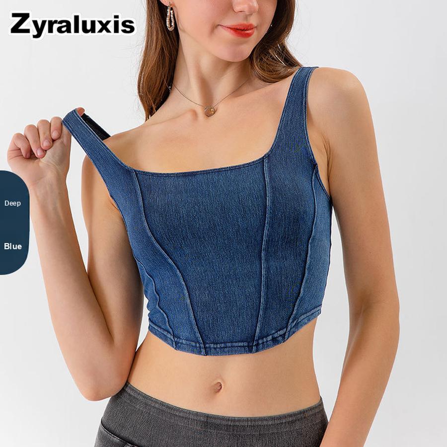 New Women's Denim Yoga Muscle Tank Top - Slimming Scoop Neck Athletic Vest for Workout and Outdoor Wear