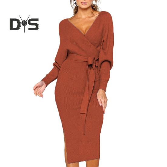 Women Fall Winter Dress V Neck Lace Up Belted Tight Waist Solid Color Knitted Elastic Mid Calf Length Long Sleeve Slim Fit Lady Commute Dress