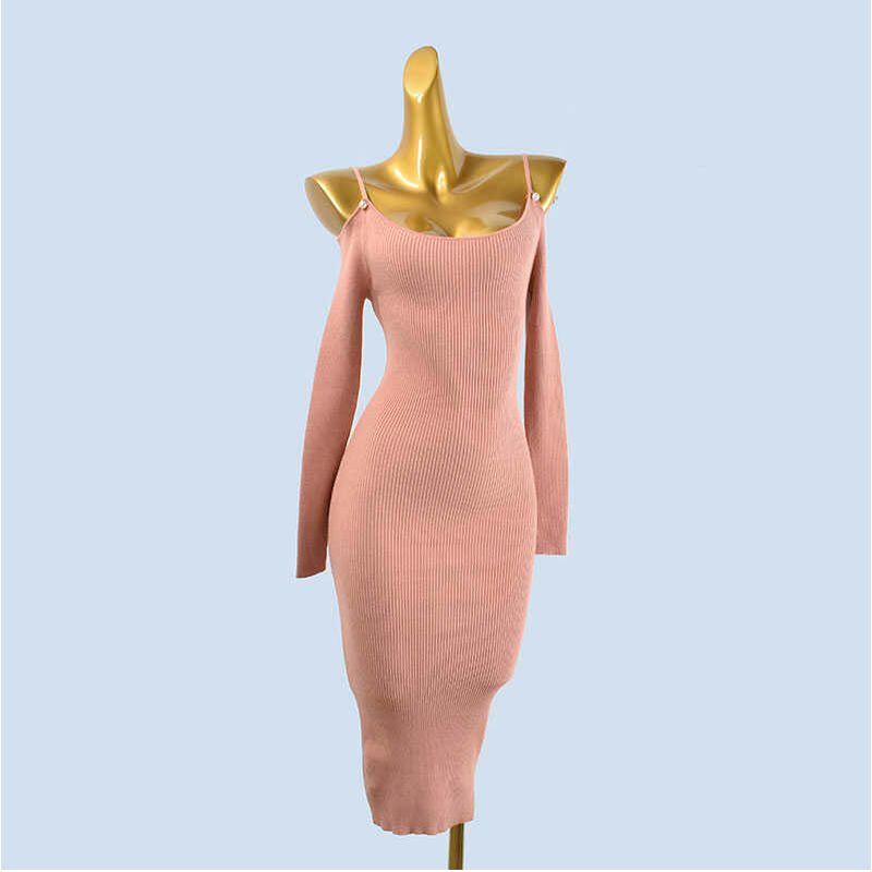 

Autumn New Sexy off-Shoulder Slim-Fit Figure Flattering Knitting Dress Women s Long Sleeve Base Narrow Sweater Skirt Pink M
