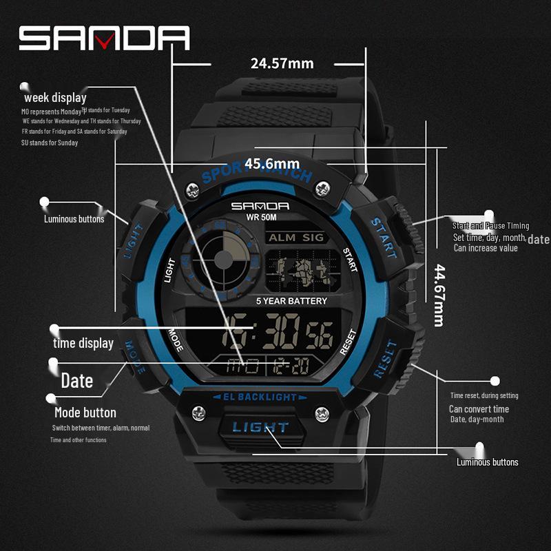 Sanda Men's & Women's Multifunction Waterproof Shockproof Watch with Alarm