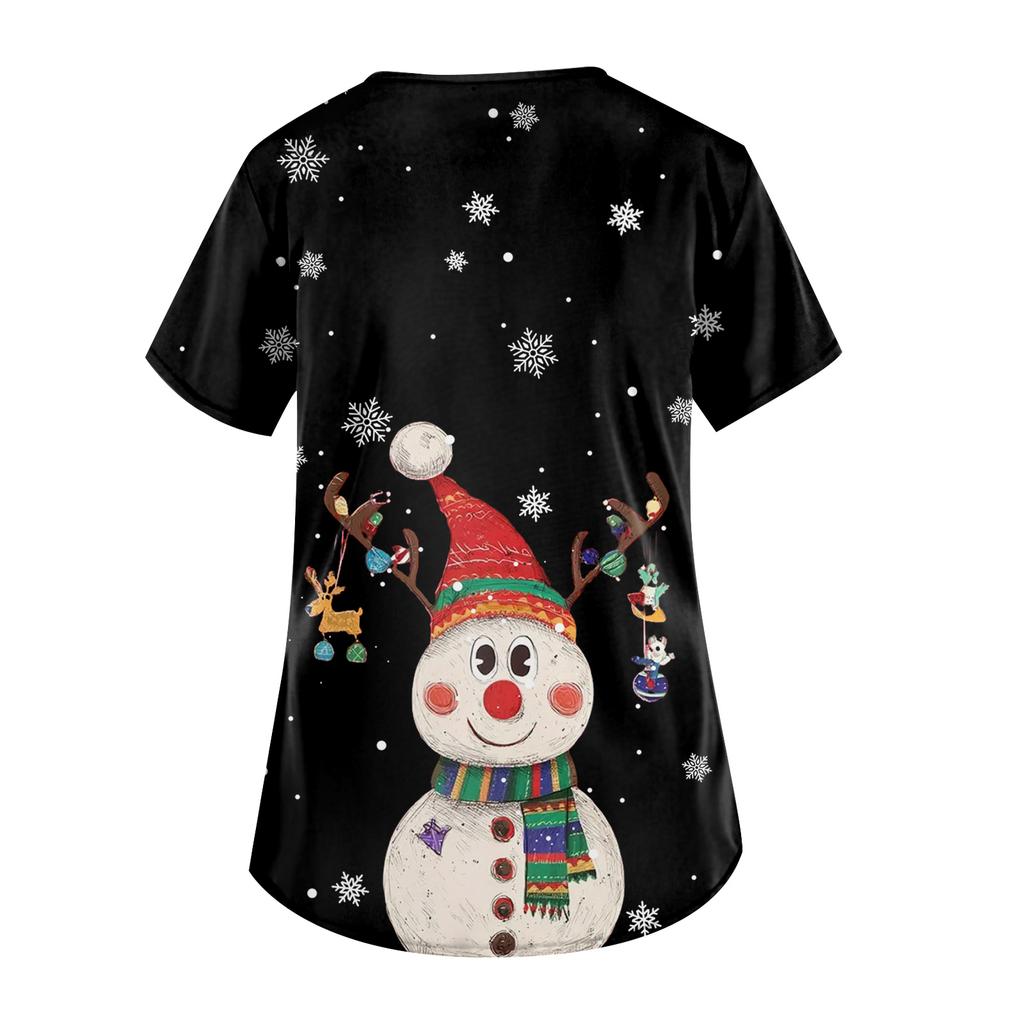 Ladies' Fashionable V-neck Pocket Short Sleeved Christmas Tree Printed Caregiver Uniform