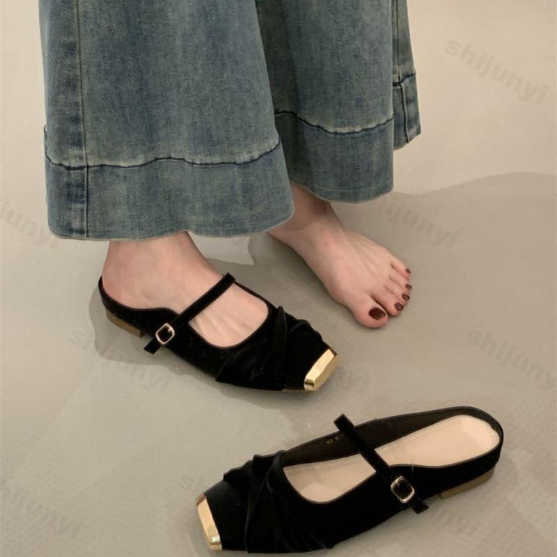 Fashion Elegant Square Head Flat Half Slippers for Women 2025 Spring Soft Sole Comfortable Mary Jane Shoes Shallow Mouth Fashion Sandals