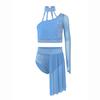 Girls Contemporary Dance Outfit One Shoulder Sheer Mesh Long Sleeve Rhinestone Crop Top with Irregular Skirt