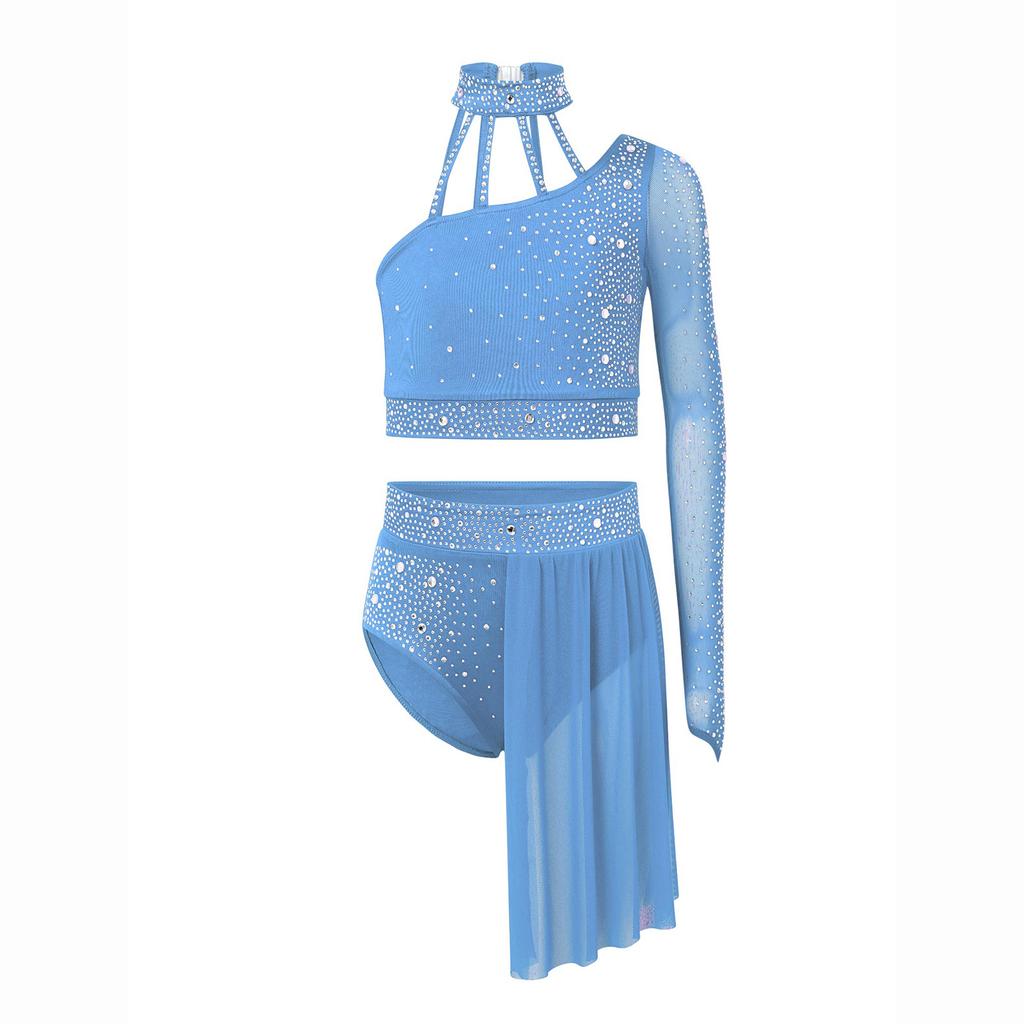 Girls Contemporary Dance Outfit One Shoulder Sheer Mesh Long Sleeve Rhinestone Crop Top with Irregular Skirt